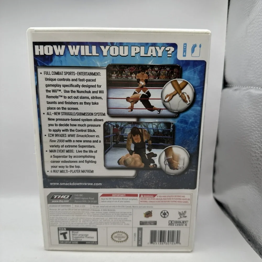 WWE SmackDown vs Raw 2008 Featuring ECW Nintendo Wii Game & Case THQ